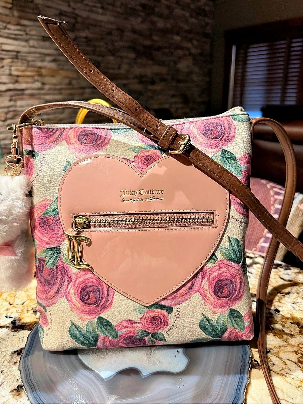 Juicy Couture NWOT Genuine Leather Crossbody Floral Bag Includes Dog Charm Heart